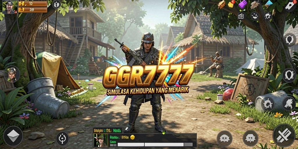 Screenshot utama menunjukkan karakter berinteraksi di dunia Simulation.