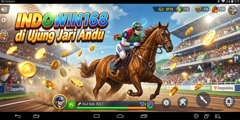 Screenshot gameplay INDOWIN168 dengan mobil balap beraksi di lintasan.