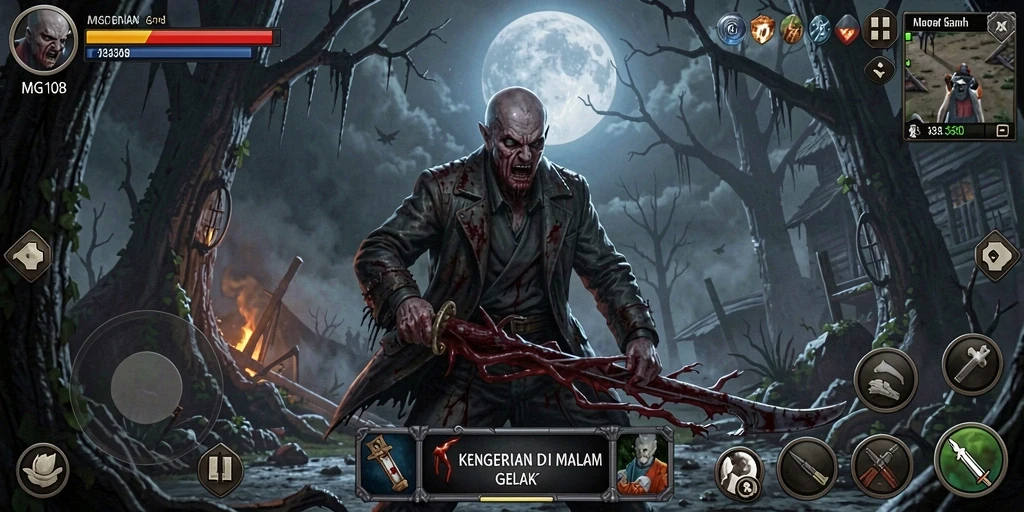 Screenshot gameplay MG108 menampilkan suasana horror yang mendalam.