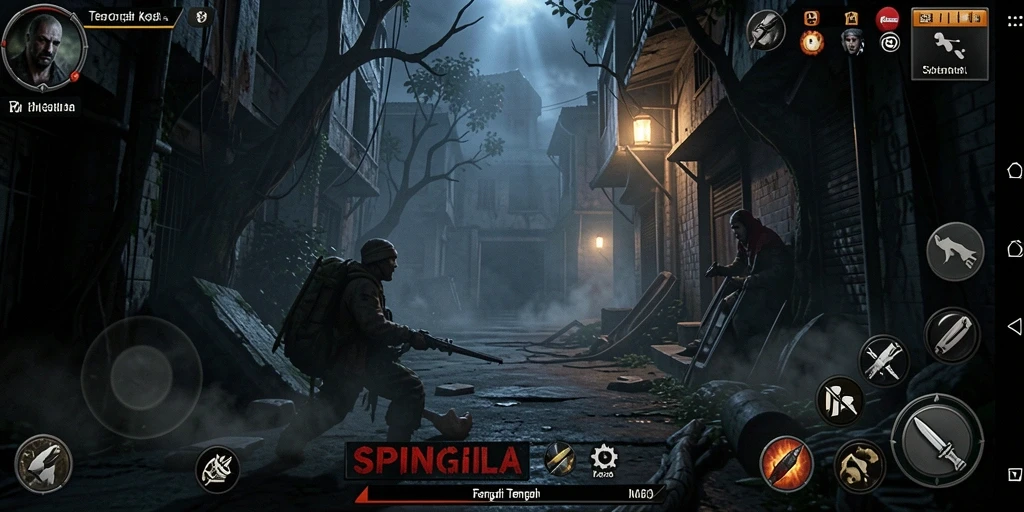 Screenshot gameplay SPINGILA menampilkan karakter yang melawan hantu di lingkungan yang gelap.